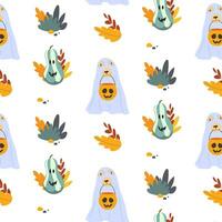 Cute seamless Halloween pattern with a ghost dog and a jack o lantern. Vector Halloween pattern.