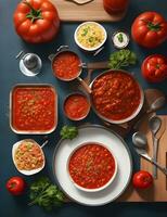 kitchen table, top view, knives sauce pan, foods photo