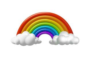 3d render Rainbow with clouds. Vector illustration of colorful arc in plastic style. Realistic weather bright symbol in the sky after rain. Decoration spectrum plasticine element.