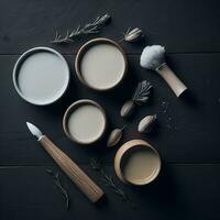 Make up brushes and powder, cosmetics products on dark wooden background. Cosmetic items, Makeup products photo