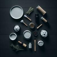 Make up brushes and powder, cosmetics products on dark wooden background. Cosmetic items, Makeup products photo