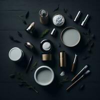 Make up brushes and powder, cosmetics products on dark wooden background. Cosmetic items, Makeup products photo