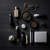 hacer arriba cepillos y polvo, productos cosméticos productos en oscuro de madera antecedentes. cosmético elementos, maquillaje productos foto