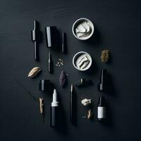 Make up brushes and powder, cosmetics products on dark wooden background. Cosmetic items, Makeup products photo