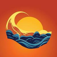 puesta de sol terminado el mar, un retro obra de arte vector