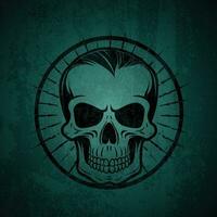 A grinning skull in a spoked wheel on a dark background vector