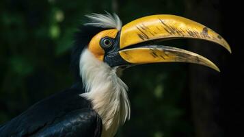 A Great Hornbill, also known as the great Indian hornbill or great pied hornbill, is one of the larger members of the hornbill family. Generative Ai photo