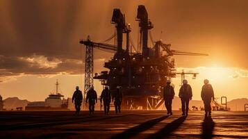 Team of oil workers walking out of oil rig on desert silhouette at sunset, power industry machines for producing petroleum gas. Generative Ai photo