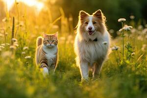 Cheerful of furry friends cat and dog walking in a summer meadow. Generative Ai photo