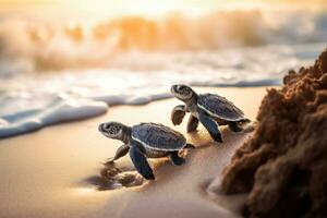 anfibio. muchos bebé tortugas en el arenoso playa y gatear a el océano. mar criaturas generativo ai foto