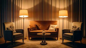 Interior of light living room with lamps. Idea for interior design. Generative Ai photo