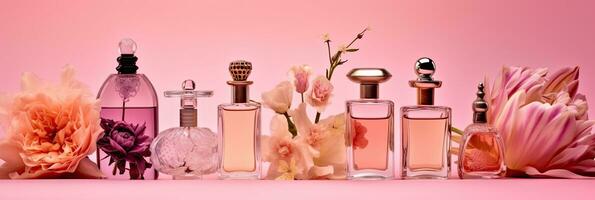 grupo de diferente perfume botellas y dechado en un rosado floral antecedentes. perfumería recopilación. generativo ai foto