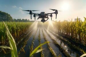 Agricultural drone flying water spray fertilizer on sweetcorn fields. Aerial view of drone. Generative AI photo