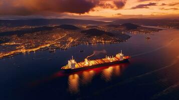 Aerial view of  Refinery Industry cargo ship in import export, LPG, oil refinery, Logistics and transportation with working crane bridge in harbor. Generative Ai photo