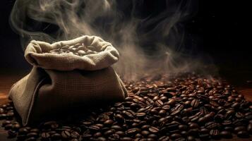 Close up of Coffee beans with smoke in a bag. Arabica or Robusta coffee beans, Generative Ai photo