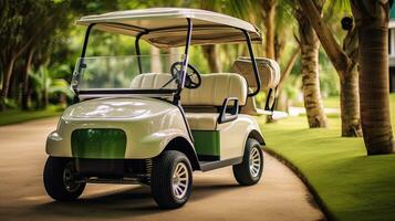 A Golf car, Golf car on the golf course. Generative Ai photo