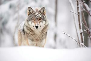 Adult wolf in winter snow. Generative AI. photo