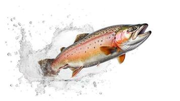 A salmon jumping out of the water isolated on white background. Salmon fish. Generative Ai photo