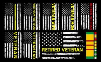 Vietnam Veteran With USA Flag Design, retired veteran, veteran mom, Vietnam Campaign Ribbon, Vietnam veteran ribbon, grunge USA flag set vector