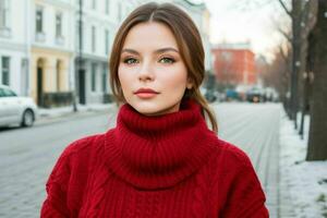 Beautiful woman in a sweater on the street. Pro Photo