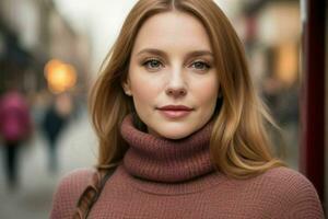 Beautiful woman in a sweater on the street. Pro Photo