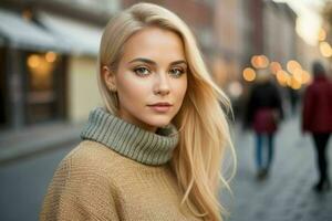 hermosa mujer en un suéter en el calle. Pro foto