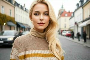 hermosa mujer en un suéter en el calle. Pro foto