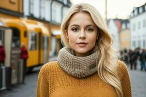 Beautiful woman in a sweater on the street. Pro Photo