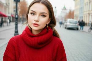 hermosa mujer en un suéter en el calle. Pro foto