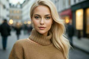 Beautiful woman in a sweater on the street. Pro Photo
