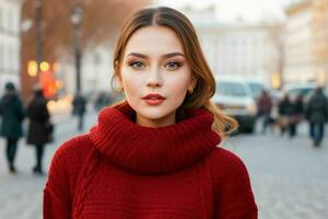 Beautiful woman in a sweater on the street. Pro Photo