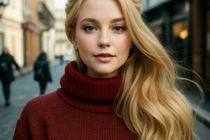 Beautiful woman in a sweater on the street. Pro Photo