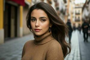 Beautiful woman in a sweater on the street. Pro Photo