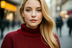 Beautiful woman in a sweater on the street. Pro Photo