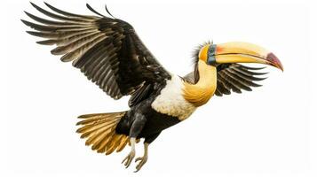 A Great hornbill Flying on a white background. Generative Ai photo