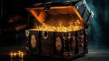 Treasure Chest, Open Ancient Trunk With Glowing Magic Lights In The Dark. Generative Ai photo