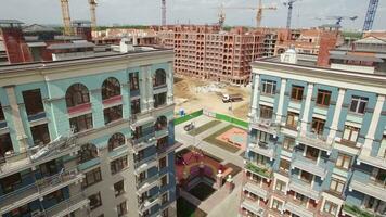 New built and unfinished apartment blocks, aerial view Russia video