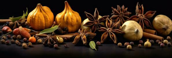 Set of Traditional spices anise, star anise. Ingredients for cooking many dishes. Spices and herbs for cooking. Generative Ai photo