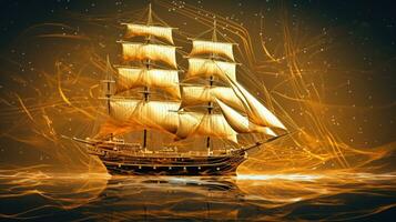 Golden barque ship with square sails on luxury abstract wave art background in gold line art style. Generative Ai photo