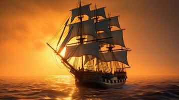 Barque ship in the ocean at sunset. Generative Ai photo