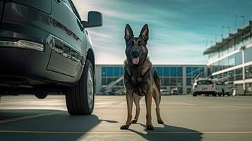 Drug detection dog sniffing car at airport. Police dog. Sniffer Dog. Generative Ai photo