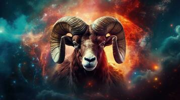 astrología calendario. Aries mágico zodíaco firmar astrología. esotérico horóscopo y fortuna narración concepto. Aries zodíaco en universo. generativo ai foto