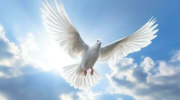 un blanco paloma con alas amplio abierto en el azul cielo aire con nubes y rayos de sol espíritu de Dios antecedentes bandera panorama. generativo ai foto