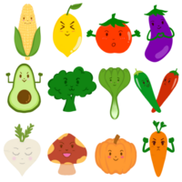 12 vegetable set collection cartoon icons illustration with cute face isolated png