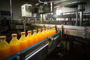 A belt or line in a fresh orange beverage with modern automated industrial machine equipment, Bottling plant and colorful juice beverage plastic bottle in the factory. Generative Ai photo