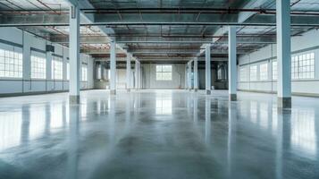 Empty of Modern factory for manufacturing production plant or large warehouse. Polished concrete floor clean condition and space for industry product. Generative Ai photo