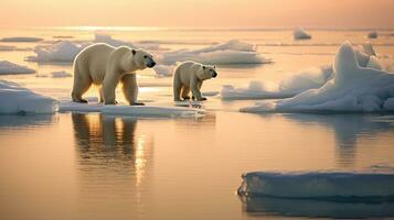 polar bear mother and cub along ice floe in arctic ocean. generative ai photo