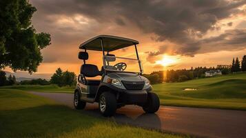 A Golf car, Golf cart car in fairway of golf course with fresh green grass field and cloud sky and tree at sunset. Generative Ai photo