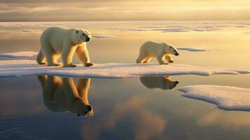 Polar bear sow and cub walk on ice floe in arctic ocean. generative ai photo