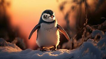 un pingüino en un Nevado paisaje. juguetón, contento animal. generativo ai foto